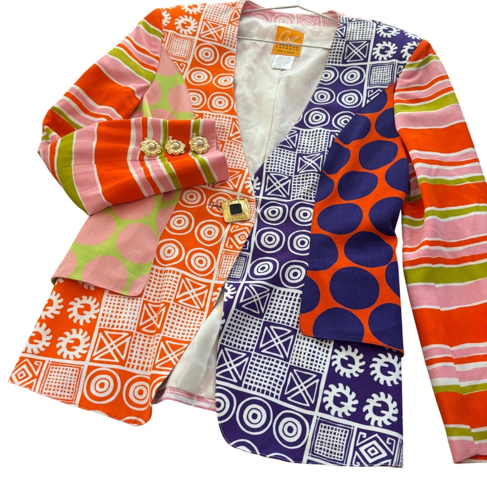 Christian Lacroix Patchwork Blazer Geometric Polka Dot Italian Silk Blend XS/S